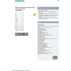 Siemens GS54NAWCV Freistehender Freistehendes Gefrierschrank, 15 H Lagerzeit Bei Störung, 176 Cm Höhe, , 170 KWh/Jahr, 38 DB, NoFrost -Siem Kuchenartikel Verkaufsladen unnamed file 3585